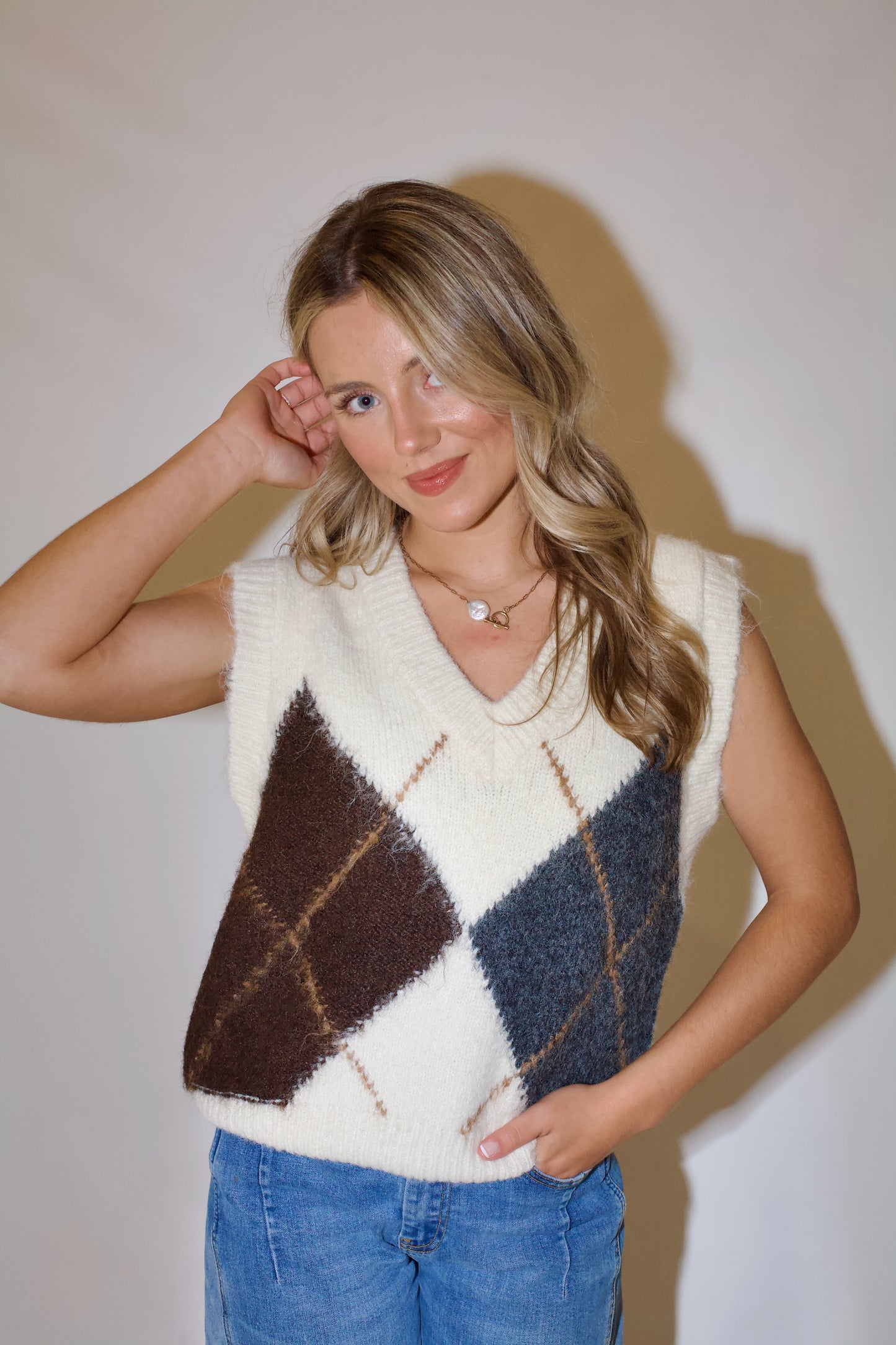 Study Hall Sweater Vest-Cream Multi