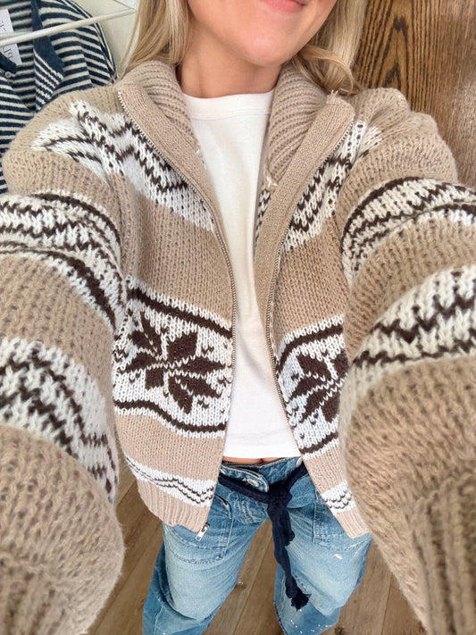 Fair Isle Sweater Jacket- Taupe Multi