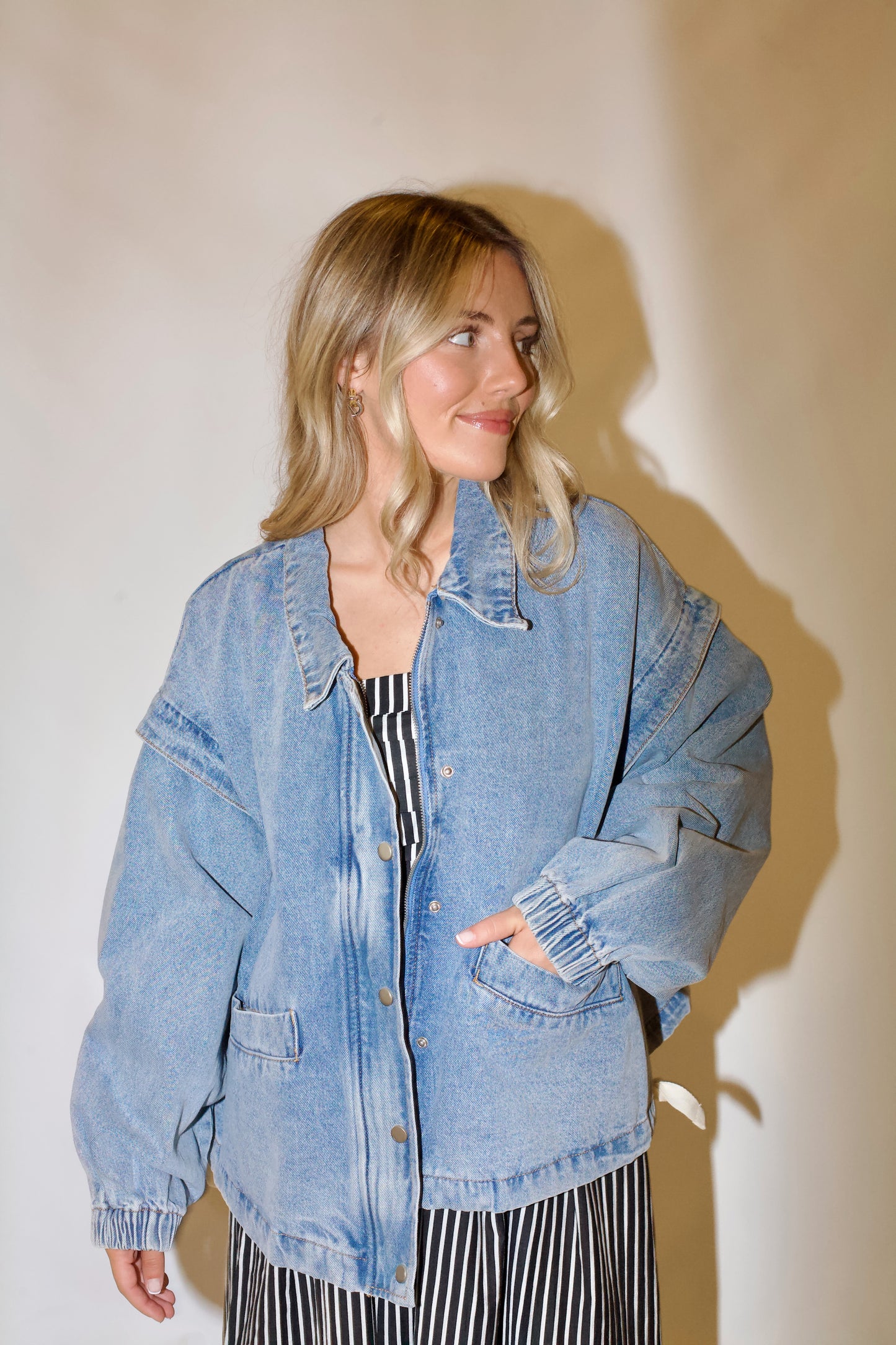Pep Rally Denim Bomber Jacket- Light Wash