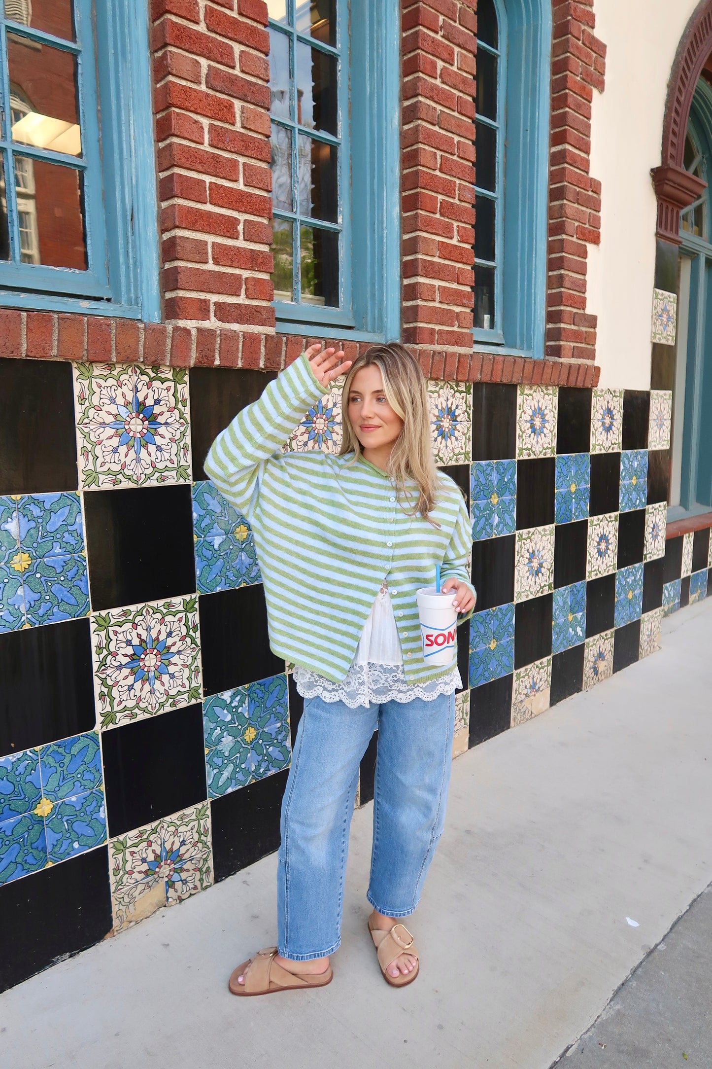 Piper Cardigan- Striped Matcha & Sky Blue