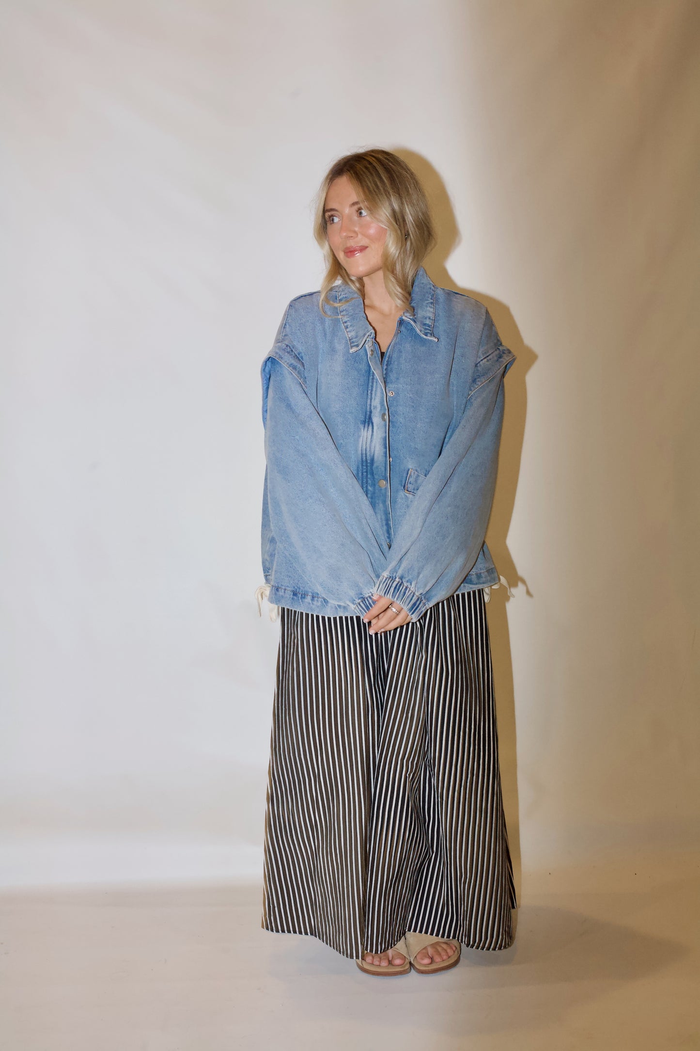 Pep Rally Denim Bomber Jacket- Light Wash