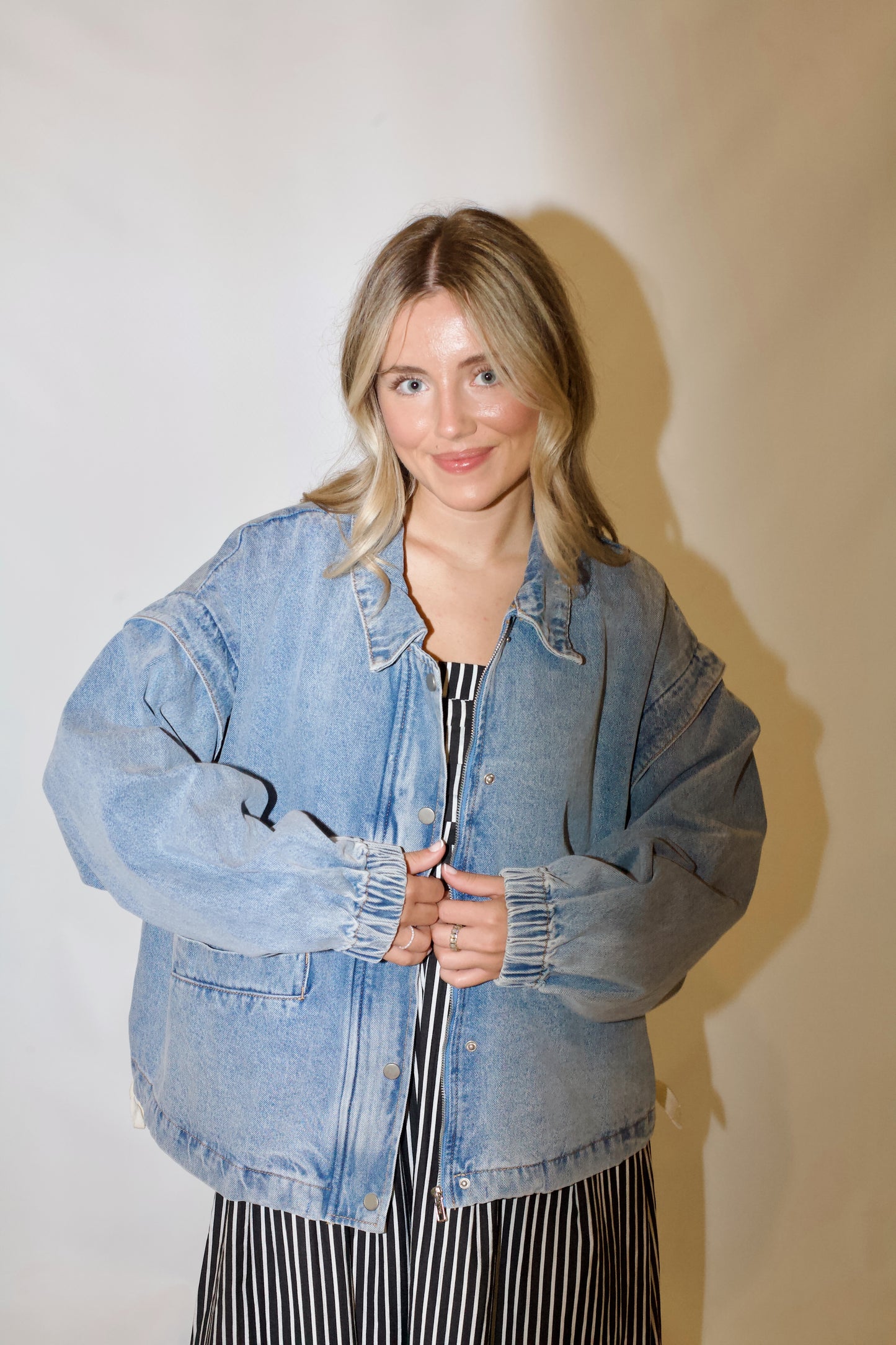 Pep Rally Denim Bomber Jacket- Light Wash