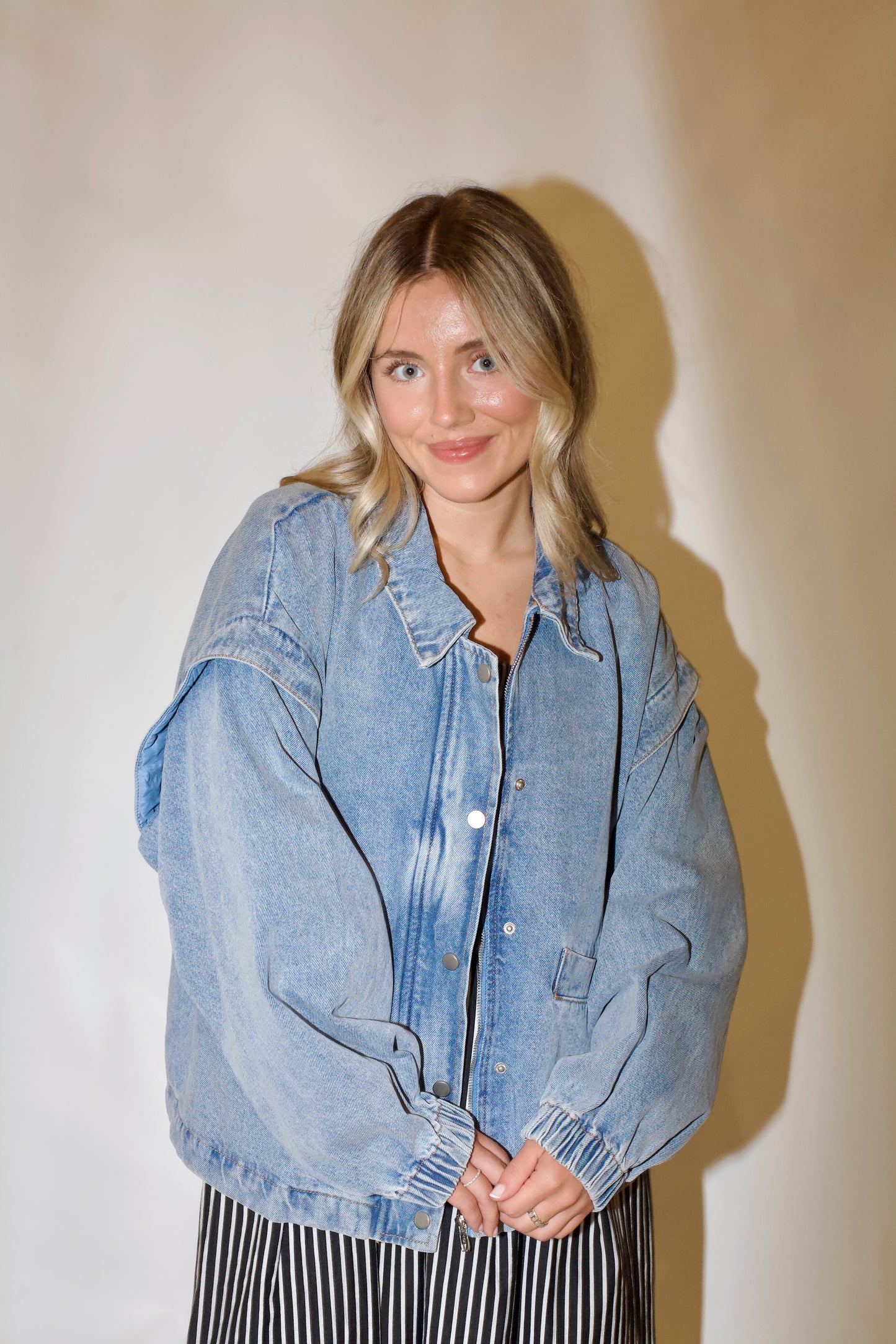 Pep Rally Denim Bomber Jacket- Light Wash