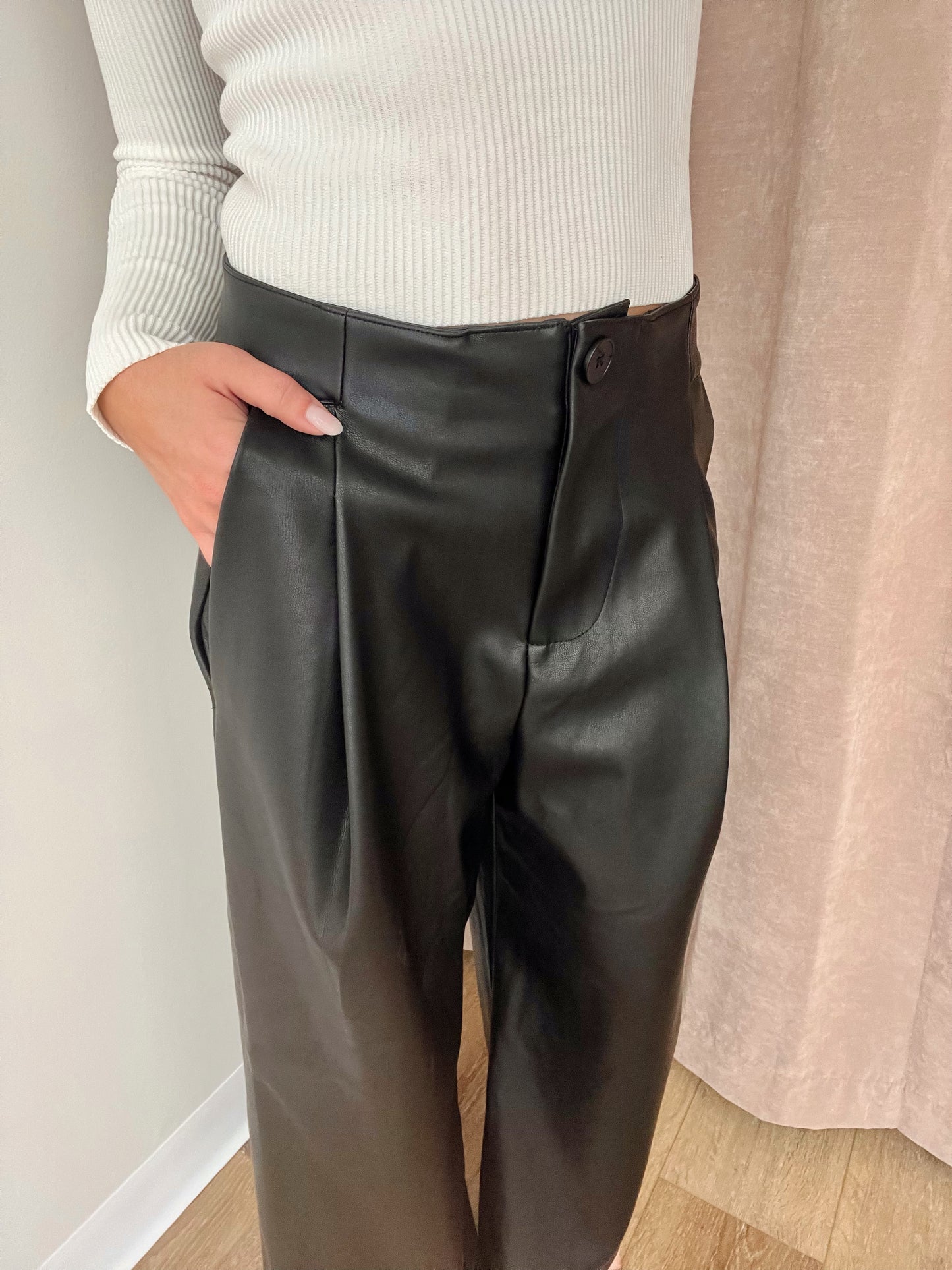 Manhattan Pleather Wide Leg Pants- Black