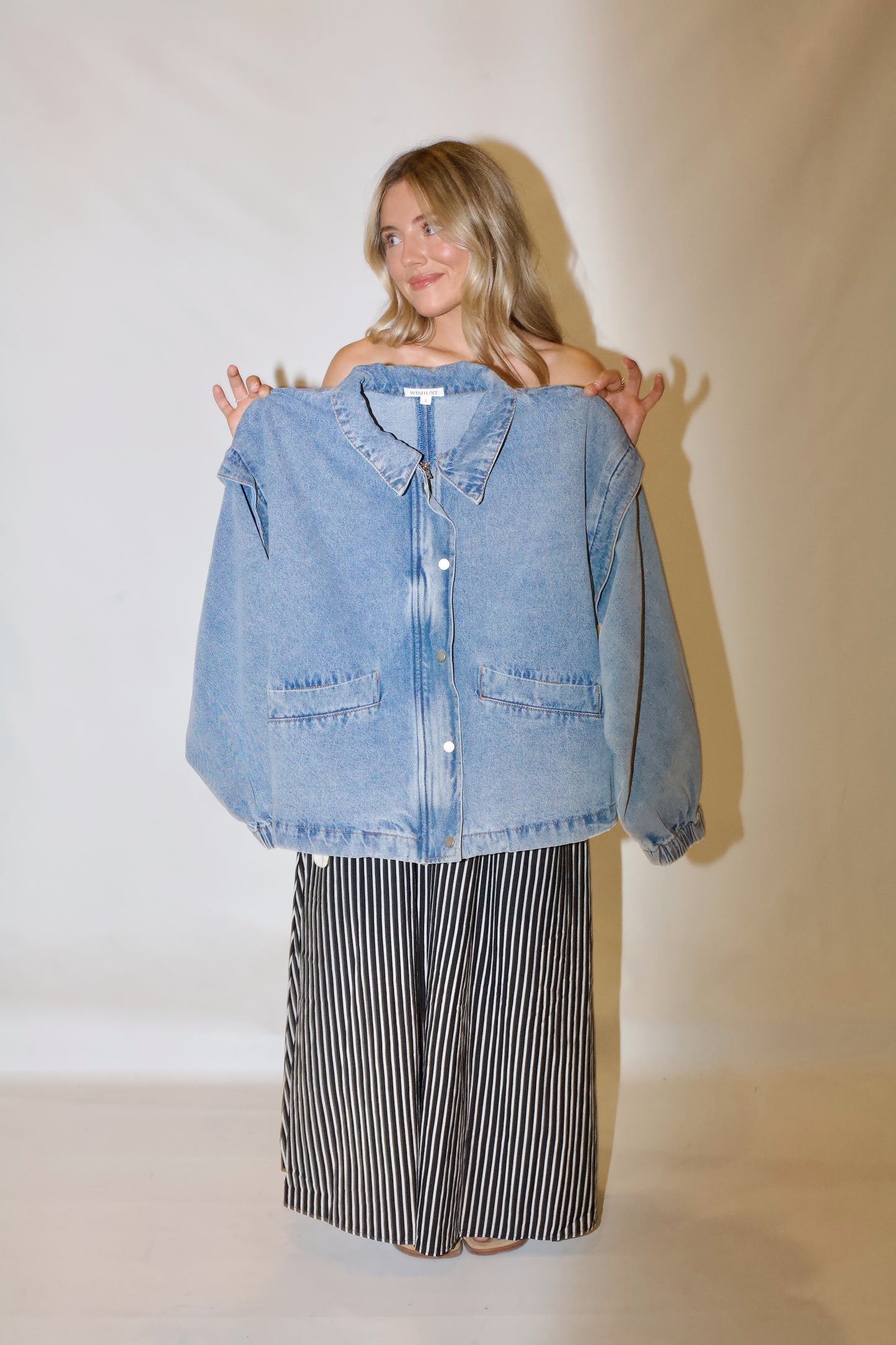 Pep Rally Denim Bomber Jacket- Light Wash