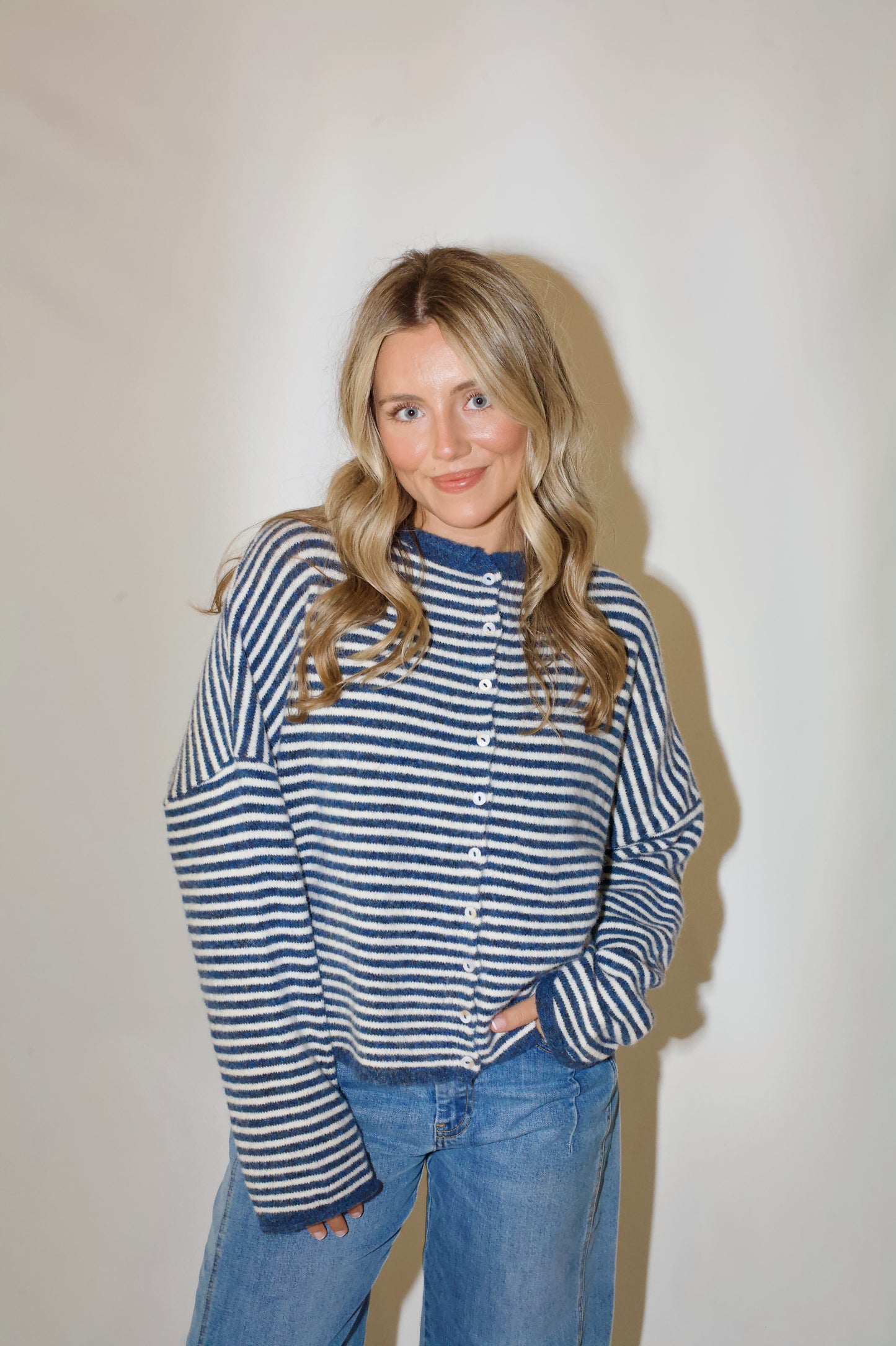 Piper Cardigan- Striped Denim Blue