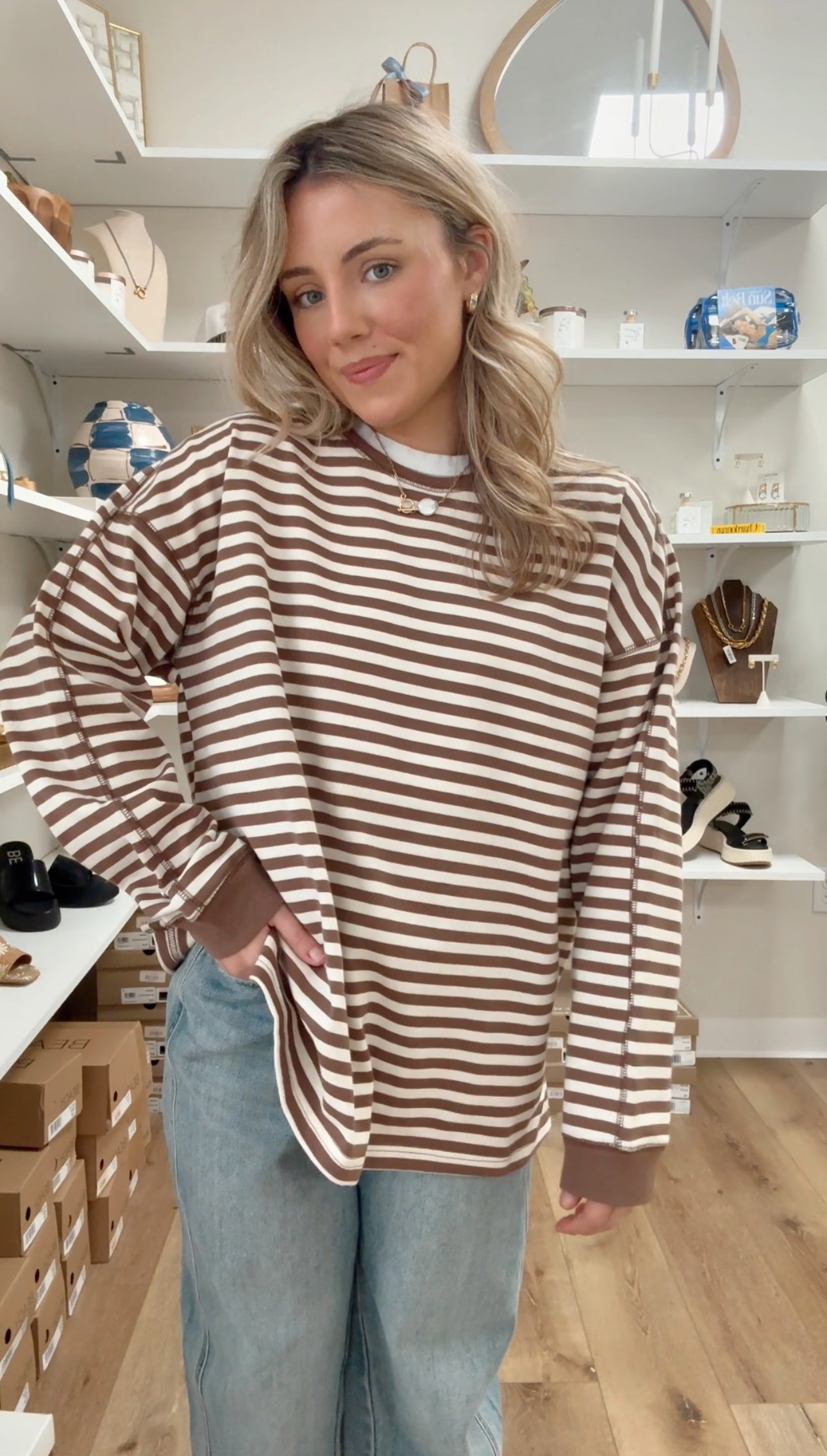 Paralleled Top- Taupe/Cream