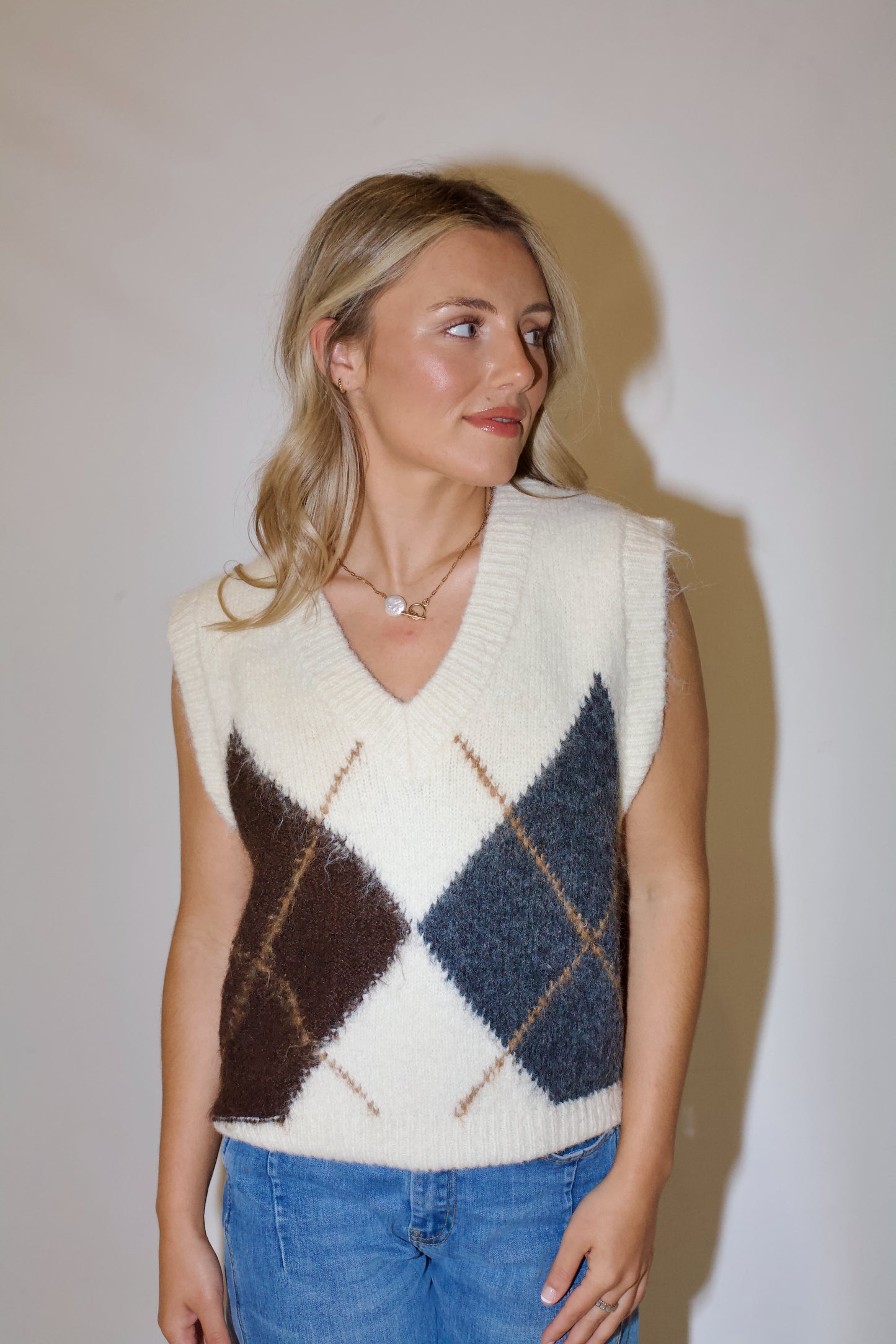 Study Hall Sweater Vest-Cream Multi