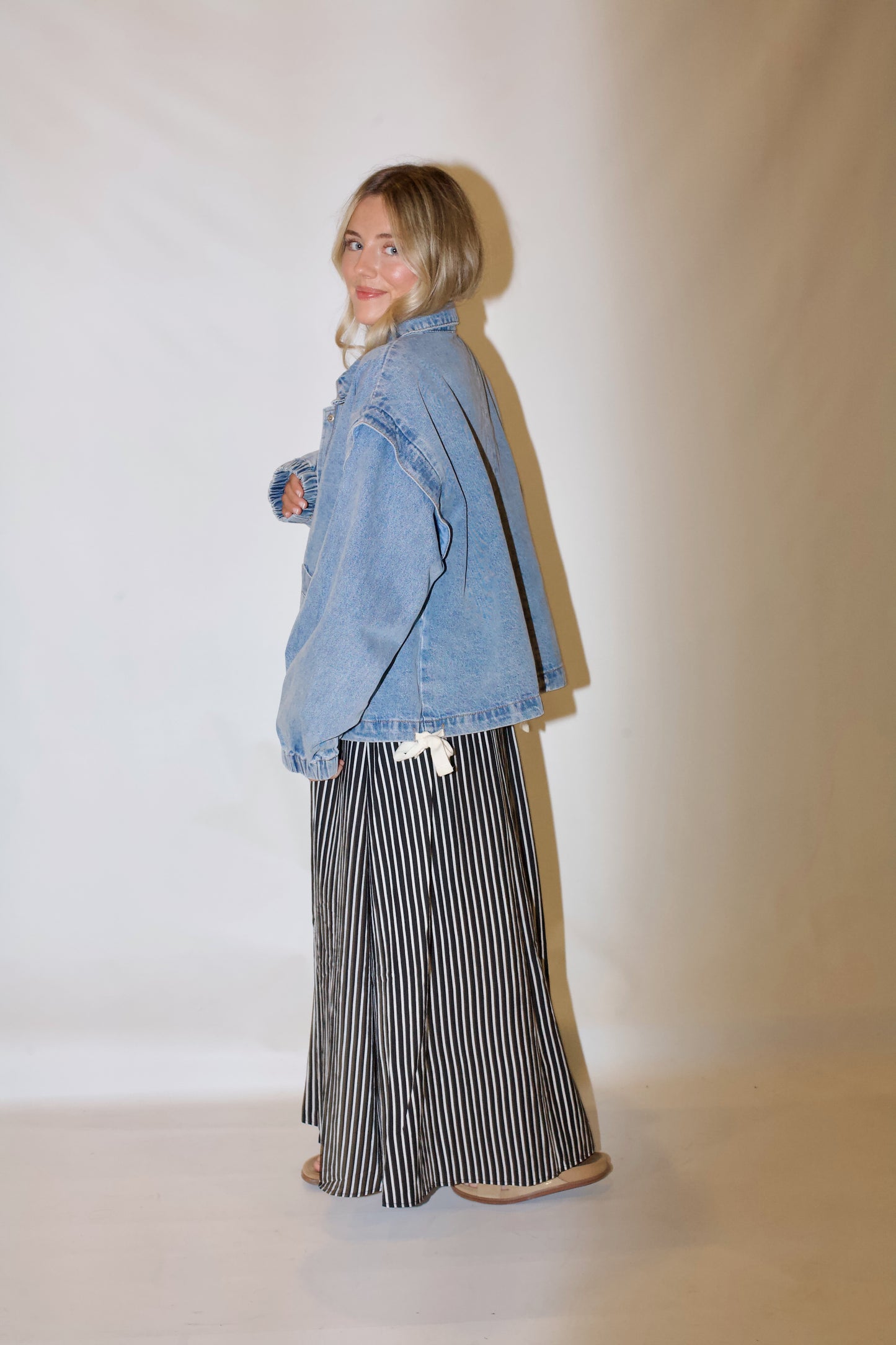 Pep Rally Denim Bomber Jacket- Light Wash