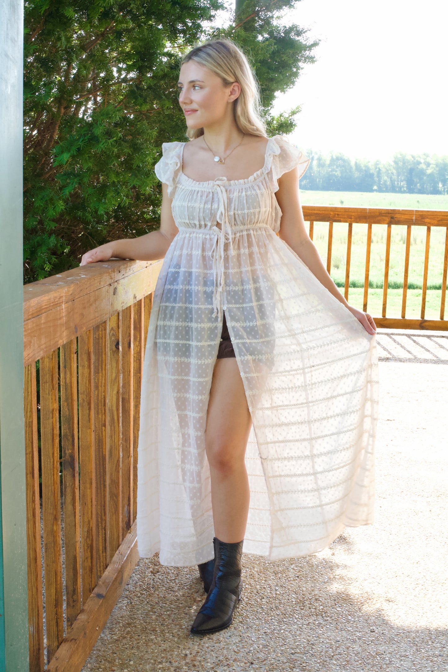 High Noon Chiffon Open Midi Dress-Cream