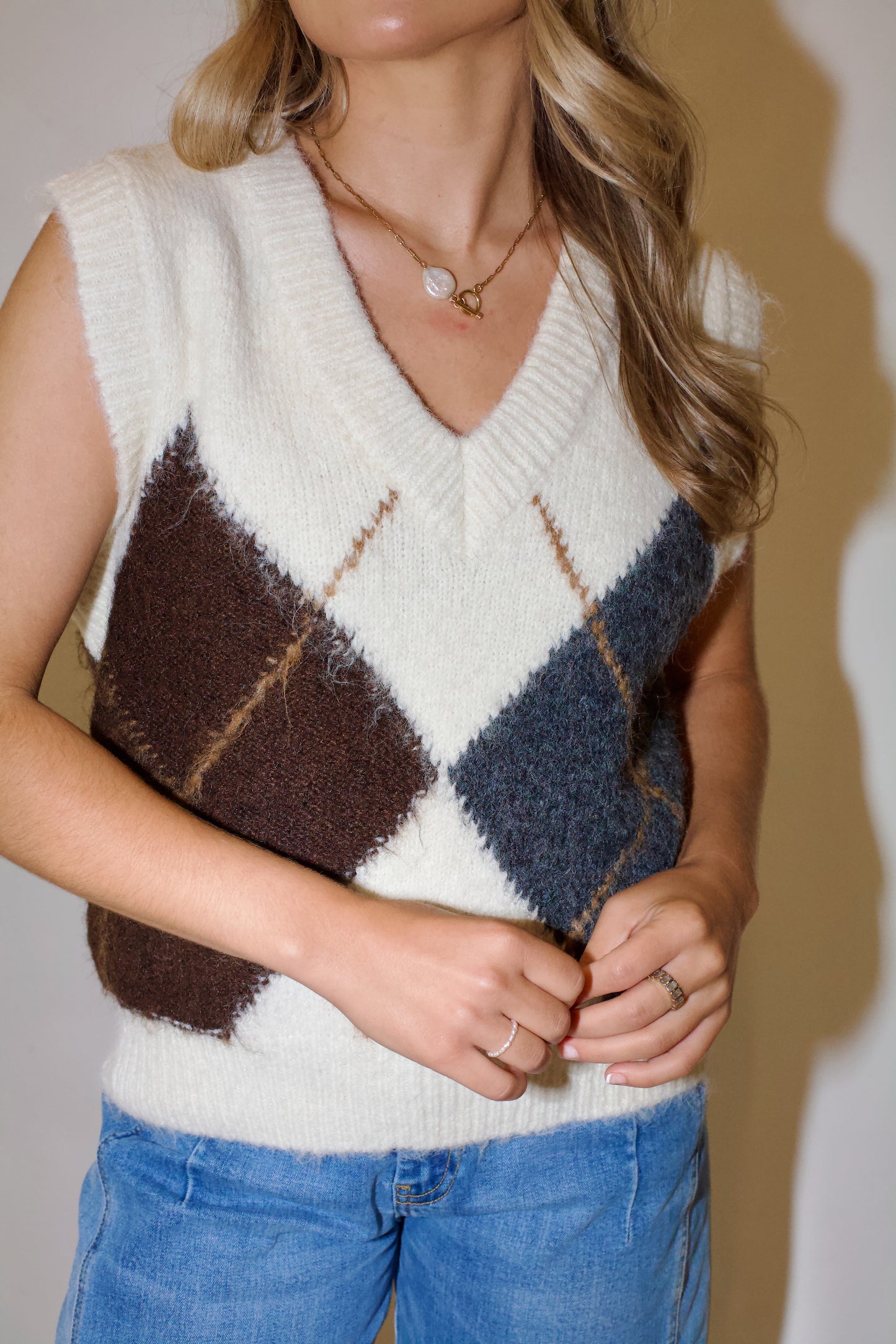 Study Hall Sweater Vest-Cream Multi