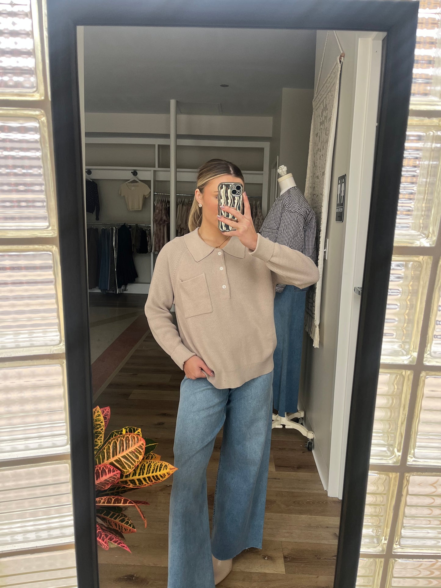 Maude Knit Polo Sweater- Lt Mocha