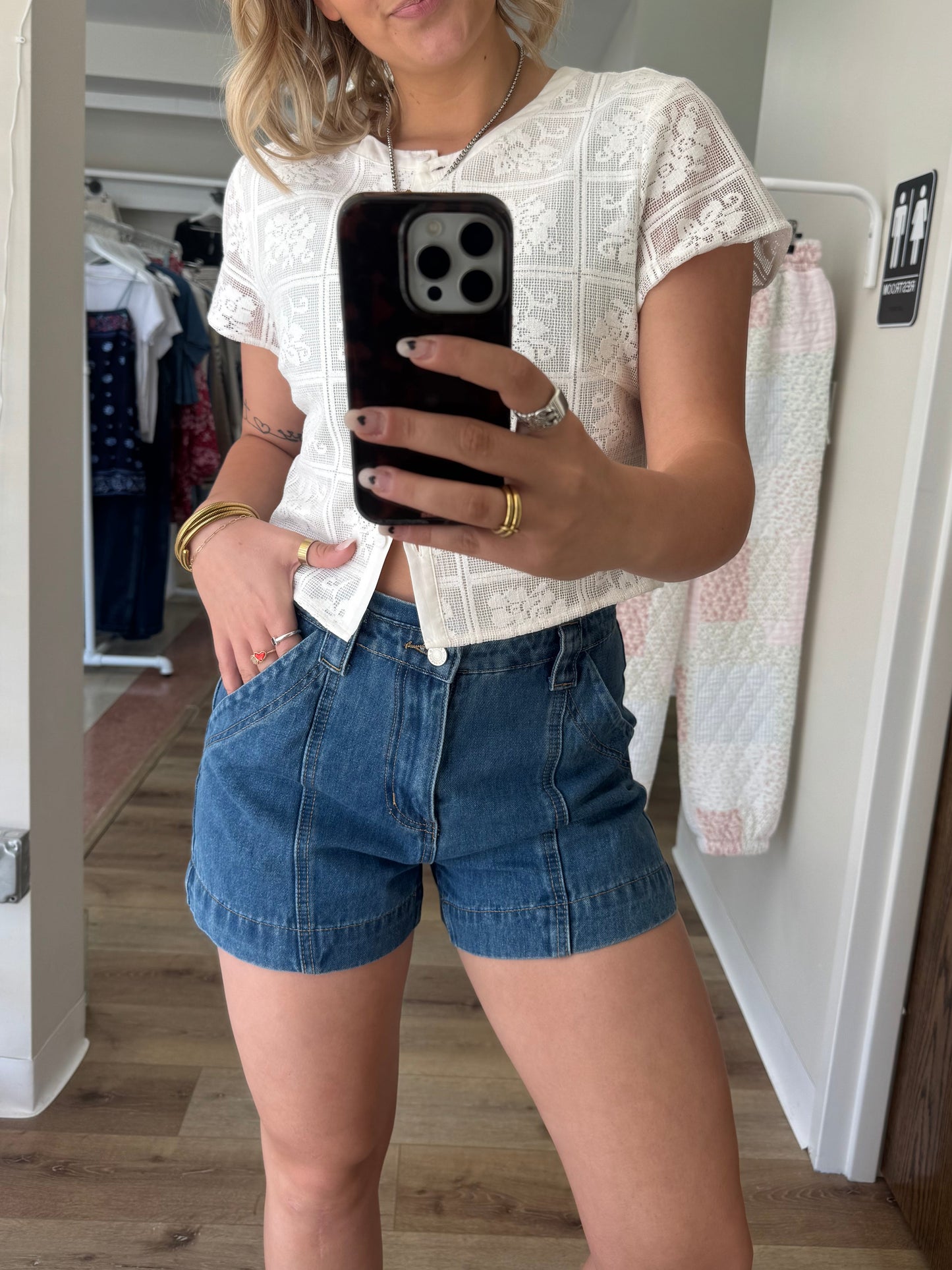 Loveless Denim Flaire Shorts- Medium Wash