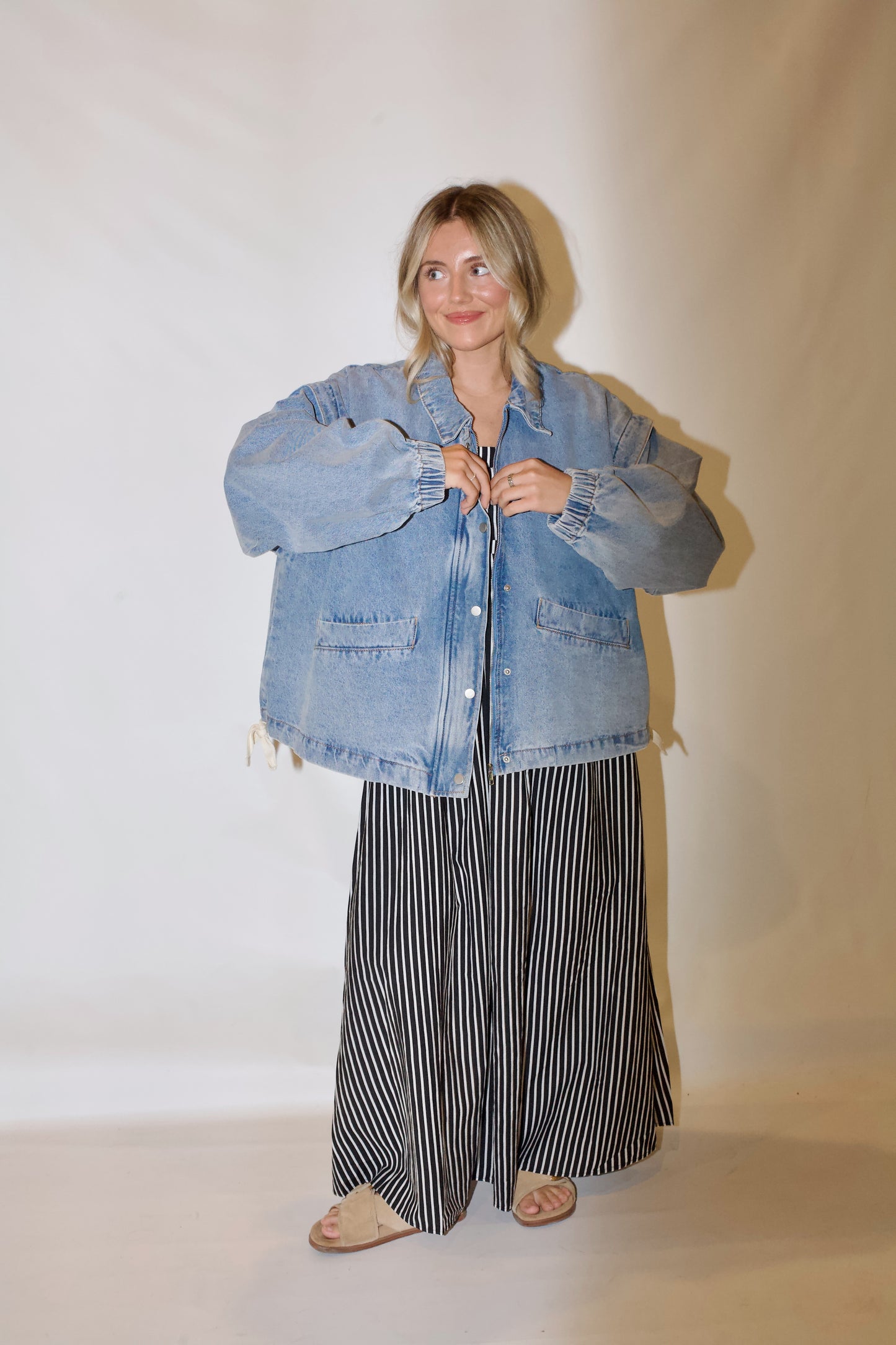 Pep Rally Denim Bomber Jacket- Light Wash