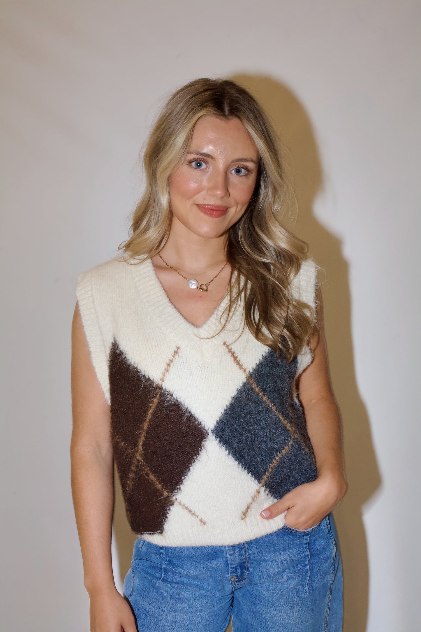 Study Hall Sweater Vest-Cream Multi
