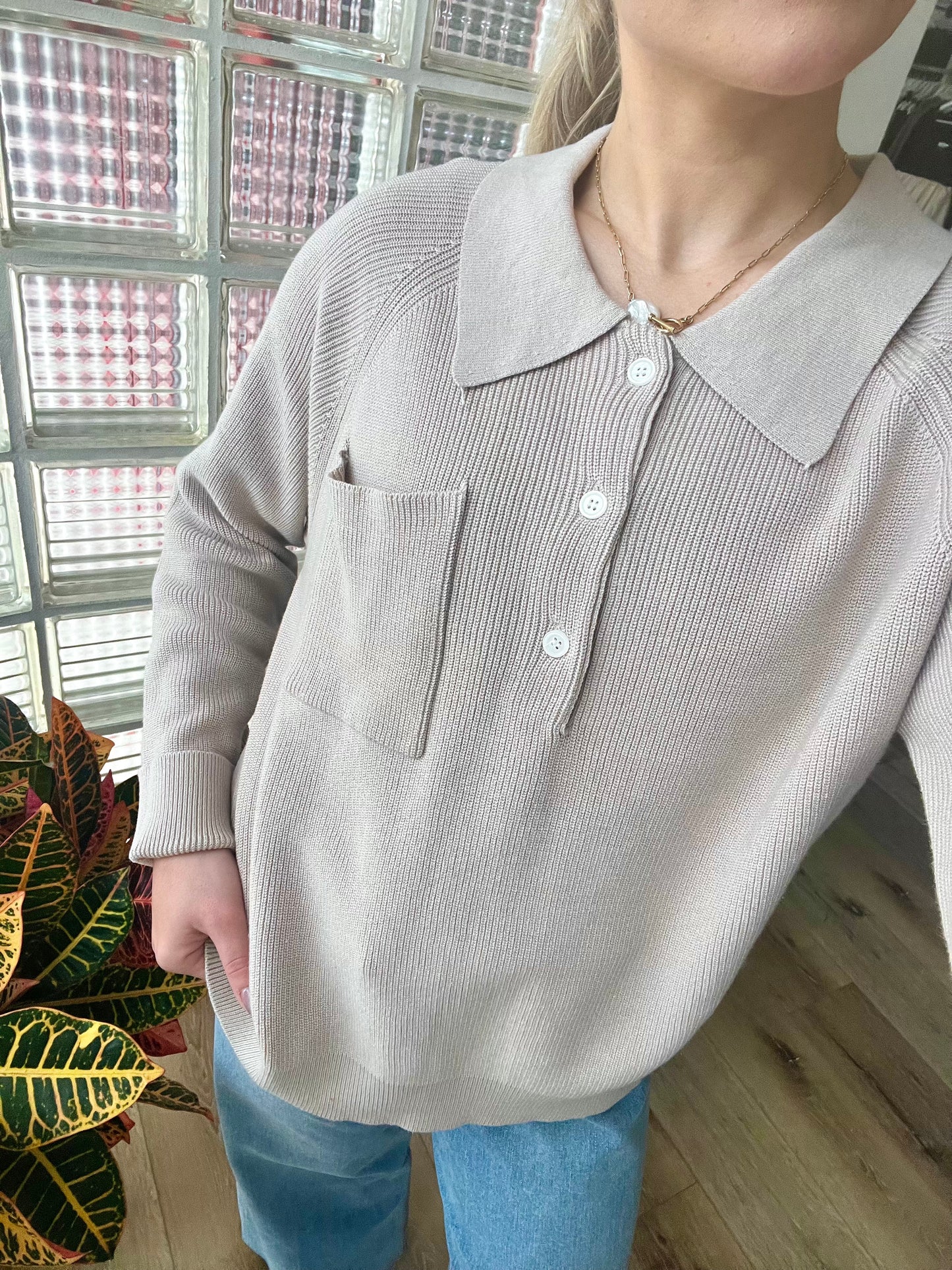 Maude Knit Polo Sweater- Lt Mocha