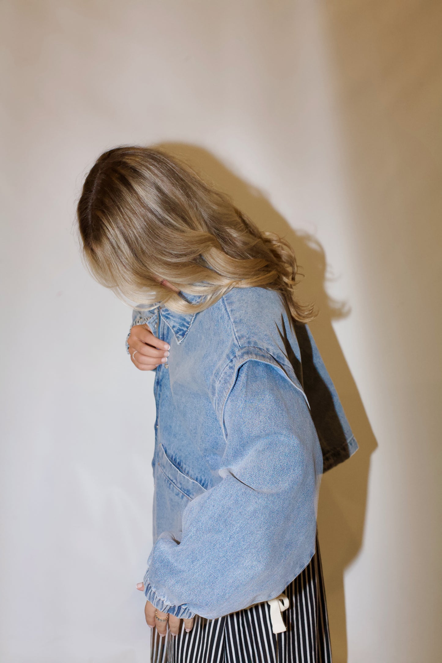 Pep Rally Denim Bomber Jacket- Light Wash