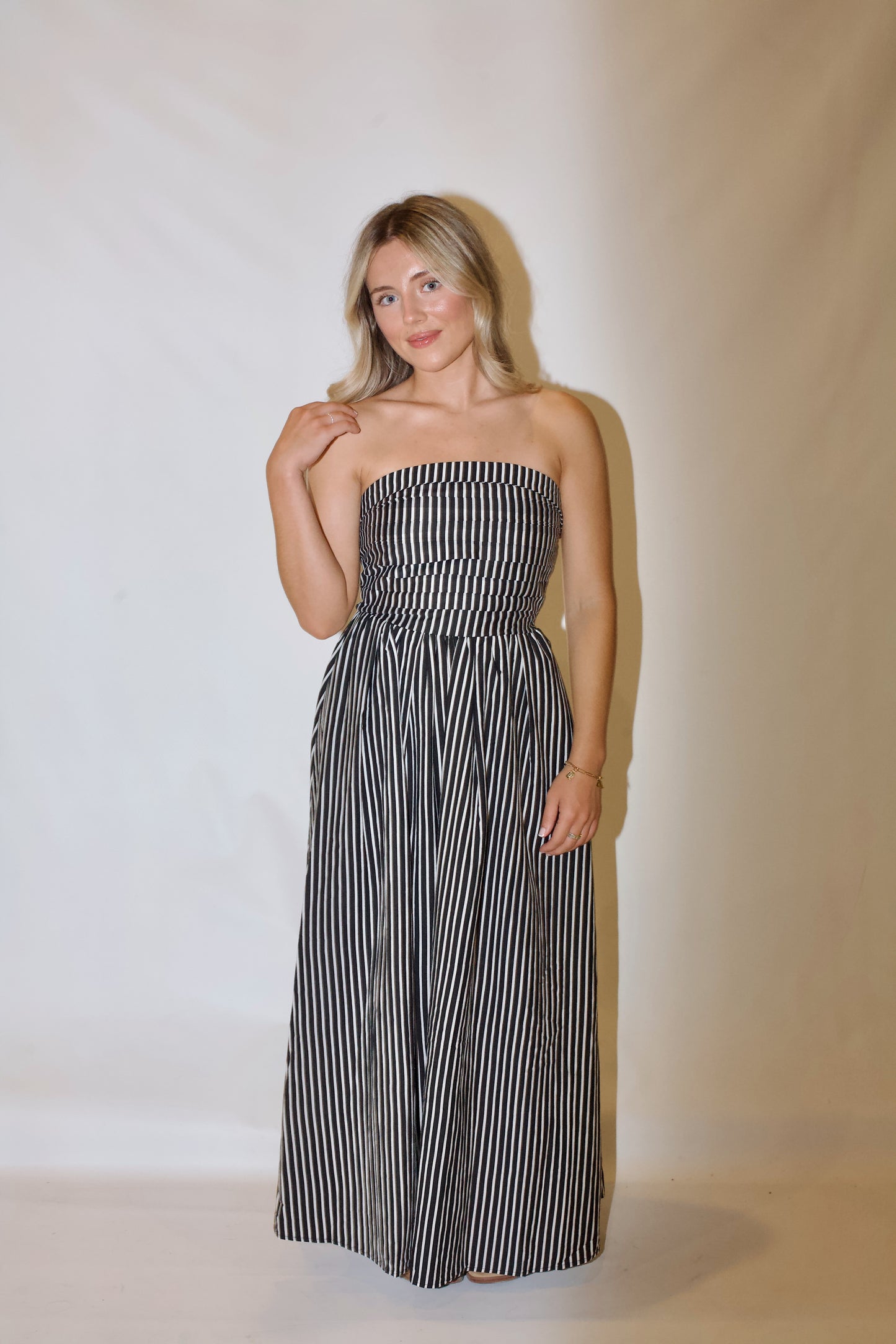 Playing Time Striped Midi Dress-Black/White