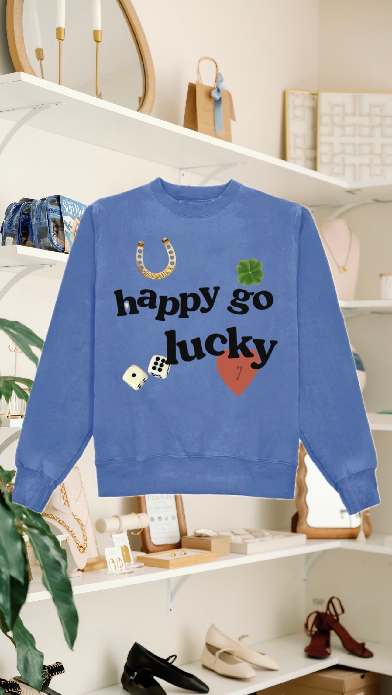 Happy Go Lucky Crewneck- Flo Blue