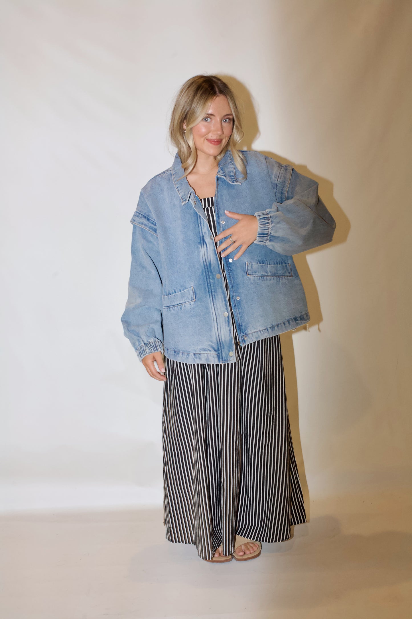 Pep Rally Denim Bomber Jacket- Light Wash