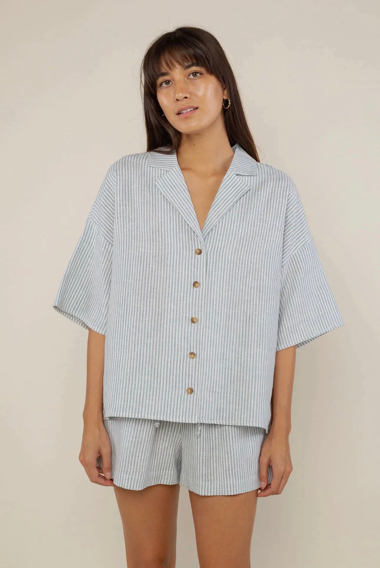 Jupiter Short Sleeve Button-Up- Blue/White