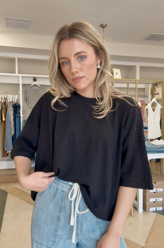 Layover Linen Blend Short Sleeve Top- Black
