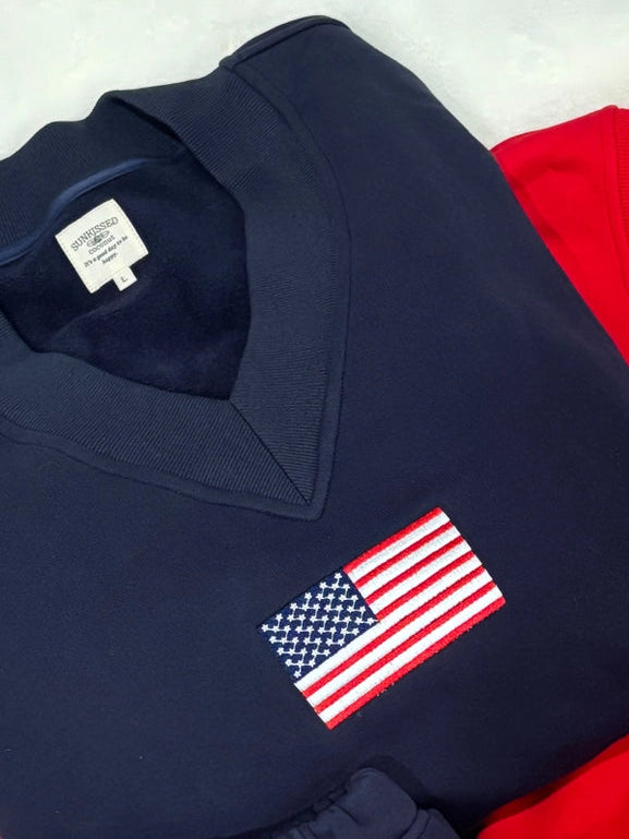 American Flag V-Neck Sweatshirt- Navy Blue