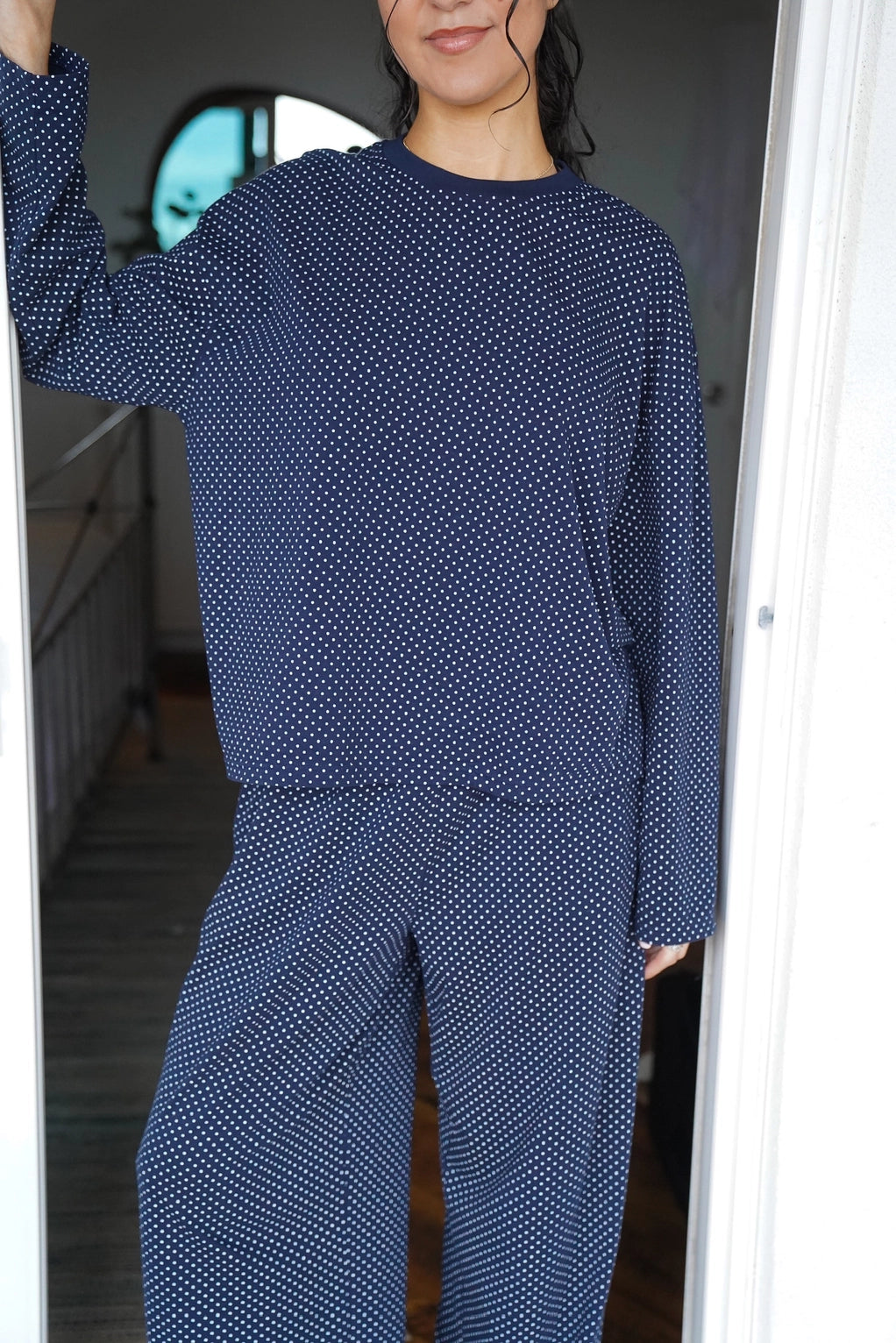 Pandering Top- Navy Polka Dot