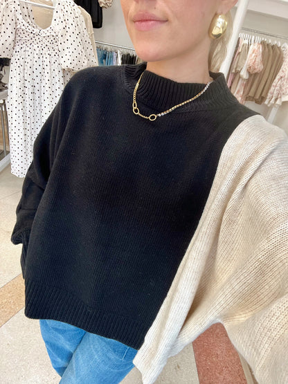 Kat Color Block Sweater Top- Ivory/Black