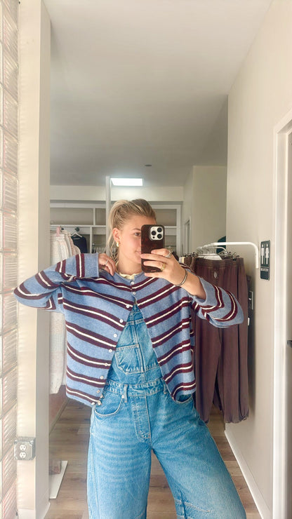 Piper Cardigan- Muti Striped Dusty Blue