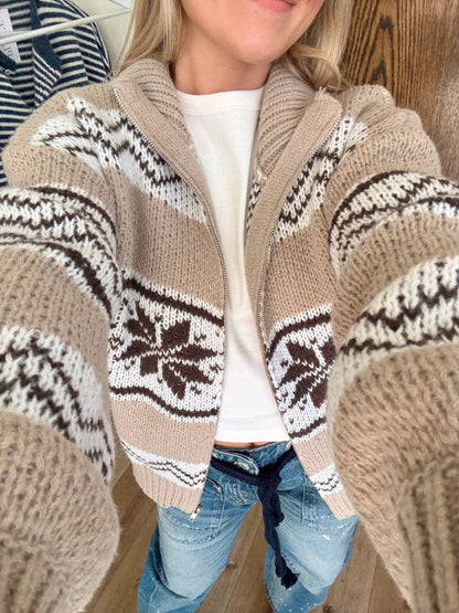 Fair Isle Sweater Jacket- Taupe Multi