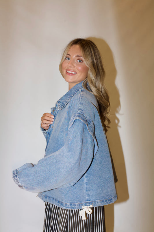 Pep Rally Denim Bomber Jacket- Light Wash