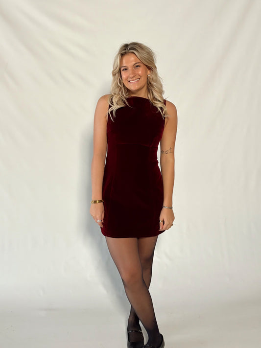 Carmine Mini Dress- Burgundy Velvet