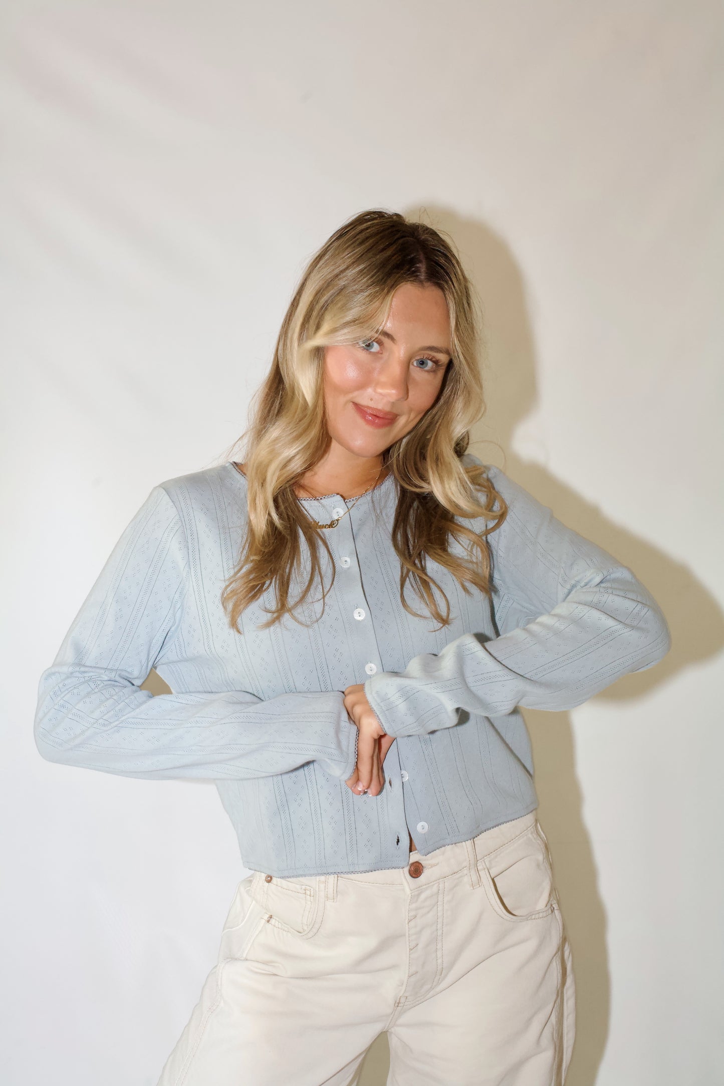 Pillow Talk Pointelle Cardi- Dusty Blue