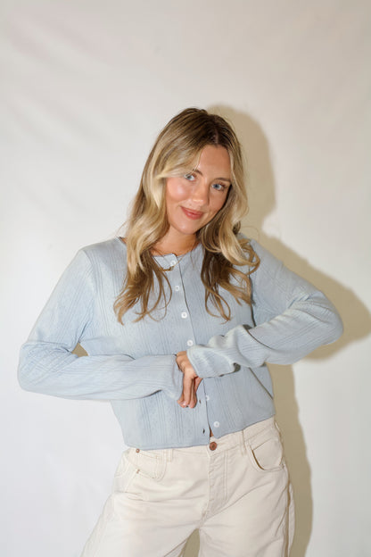 Pillow Talk Pointelle Cardi- Dusty Blue