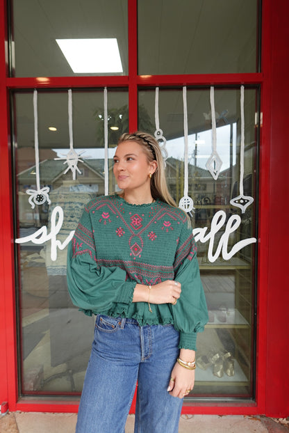 Holly Long Sleeve Knit Top-Green Combo