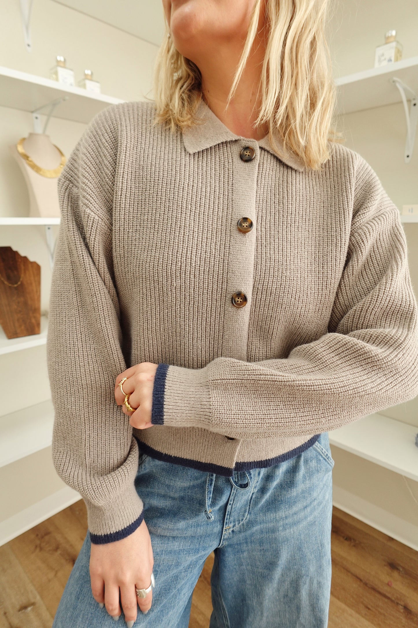 Holli Cardigan- Taupe/Navy