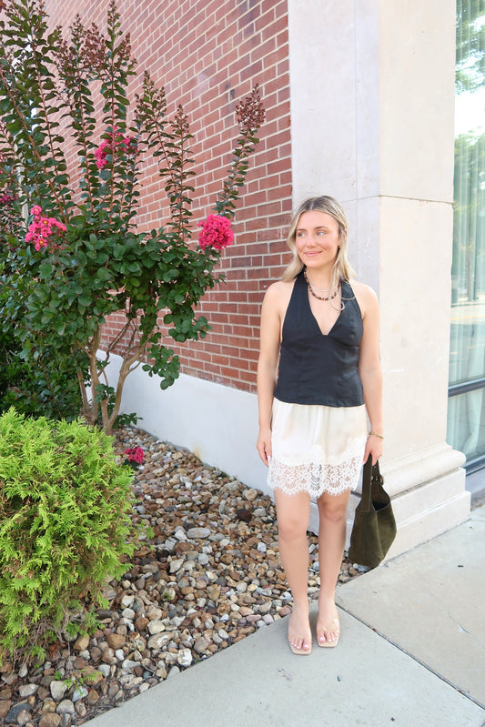 Meet Me In The MIddle Mini Slip Skirt- Tofu