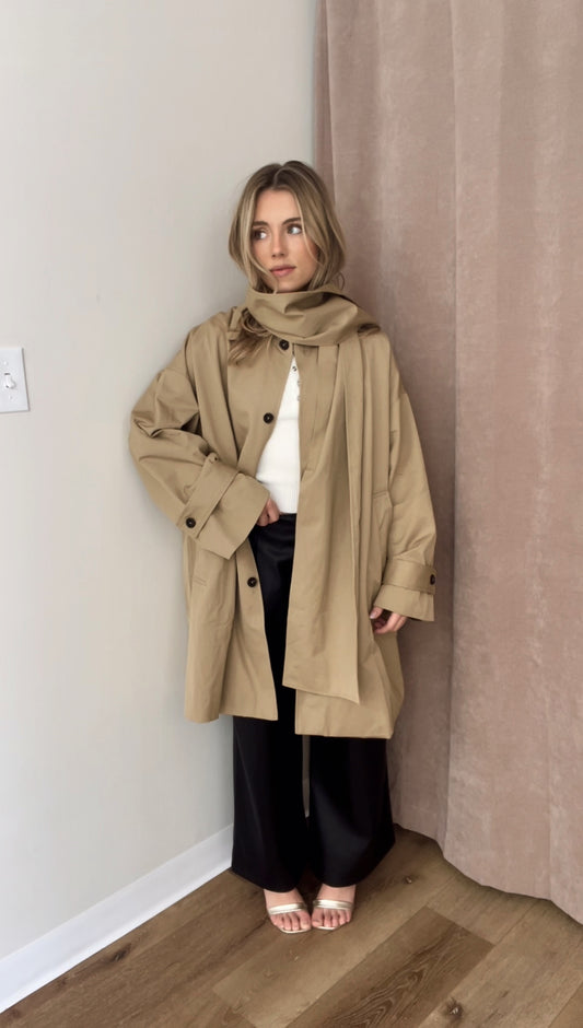 Versailles Attachable-Scarf Coat- Khaki