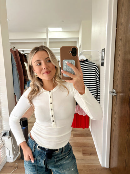 Tell Me More Ribbed Henley- White