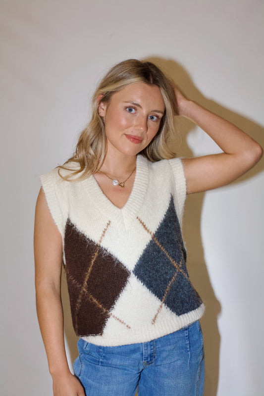 Study Hall Sweater Vest-Cream Multi