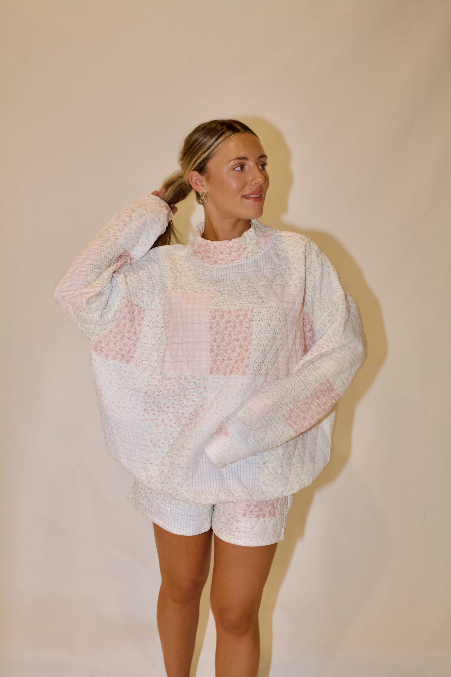 *PREORDER* Sabrina Quilted Mockneck Sweatshirt- Pastel Pink Multi