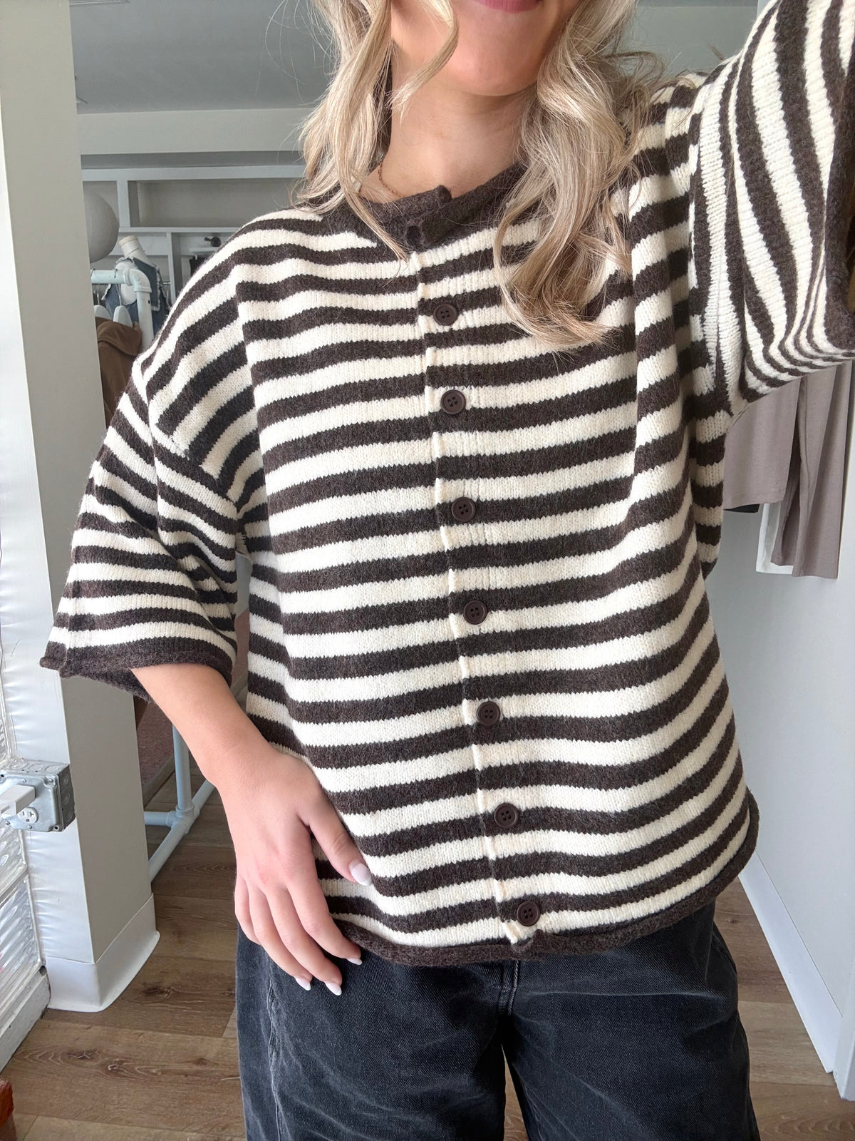 Monica Cardigan-Brown/Ivory Stripe