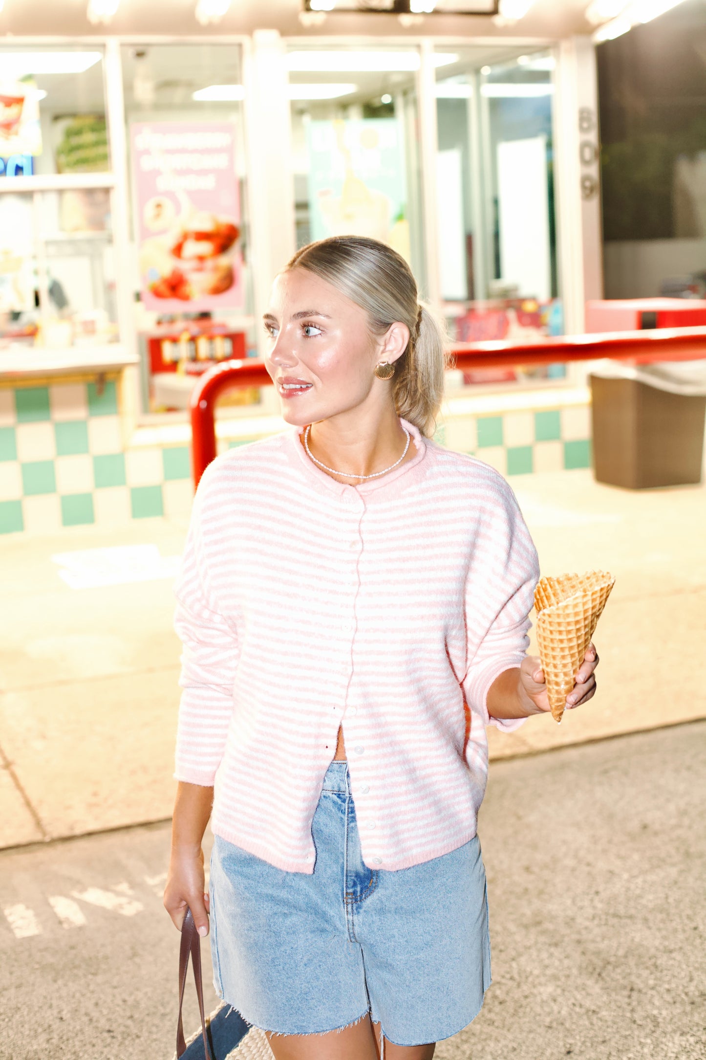 Piper Cardigan- Striped Seashell Pink