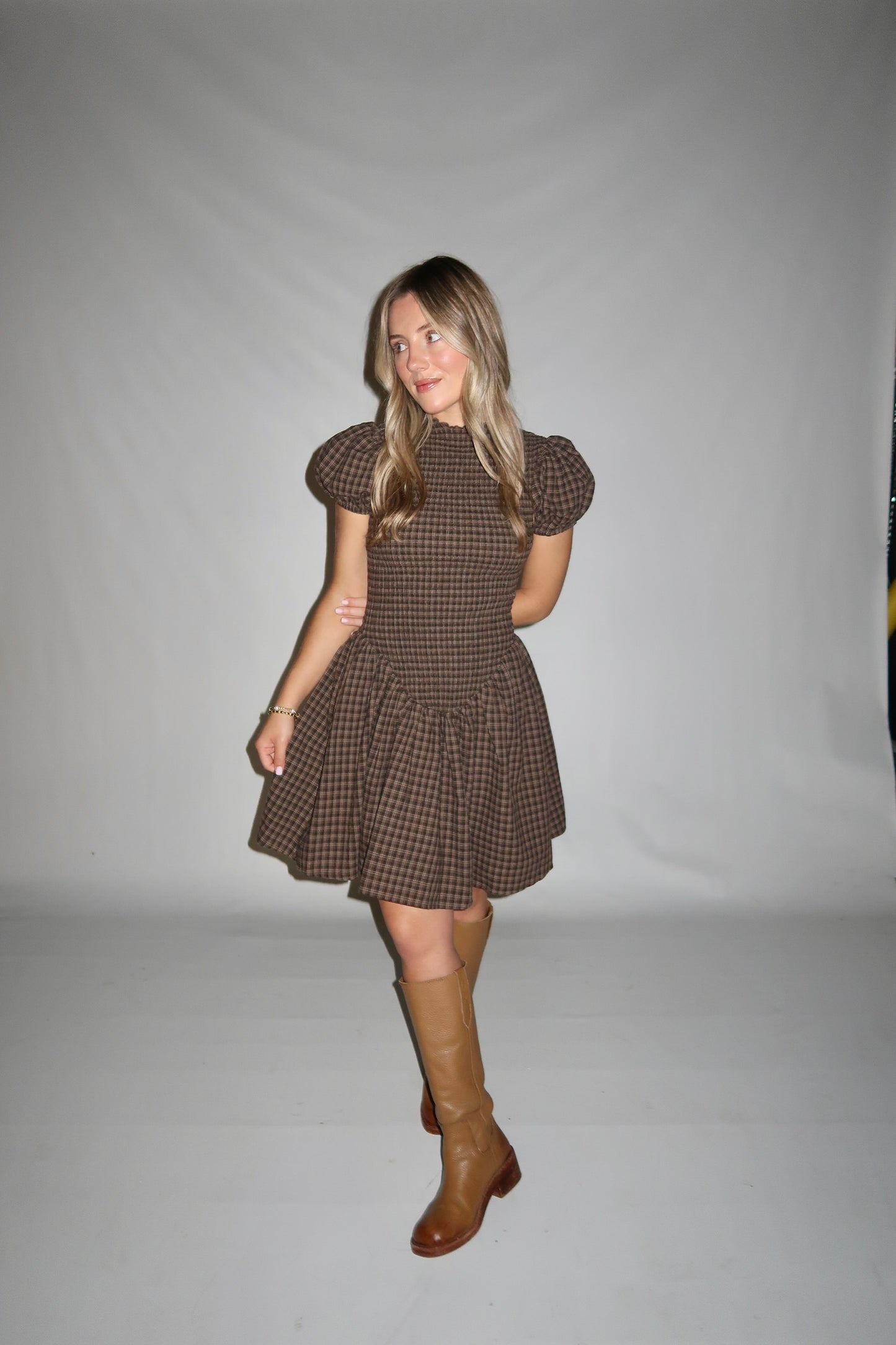 Hayes Mini Dress-Brown Plaid