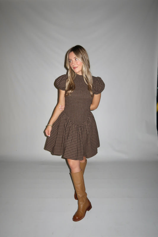 Hayes Mini Dress-Brown Plaid