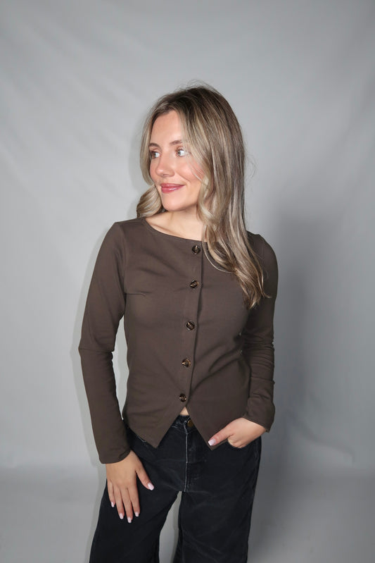 Balanced Button-Up Top- Charcoal Brown