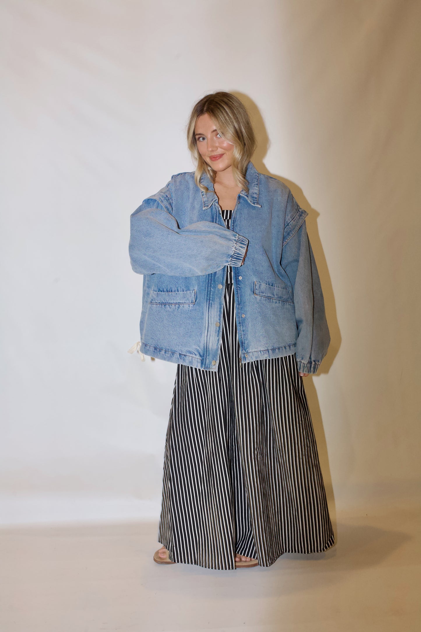 Pep Rally Denim Bomber Jacket- Light Wash