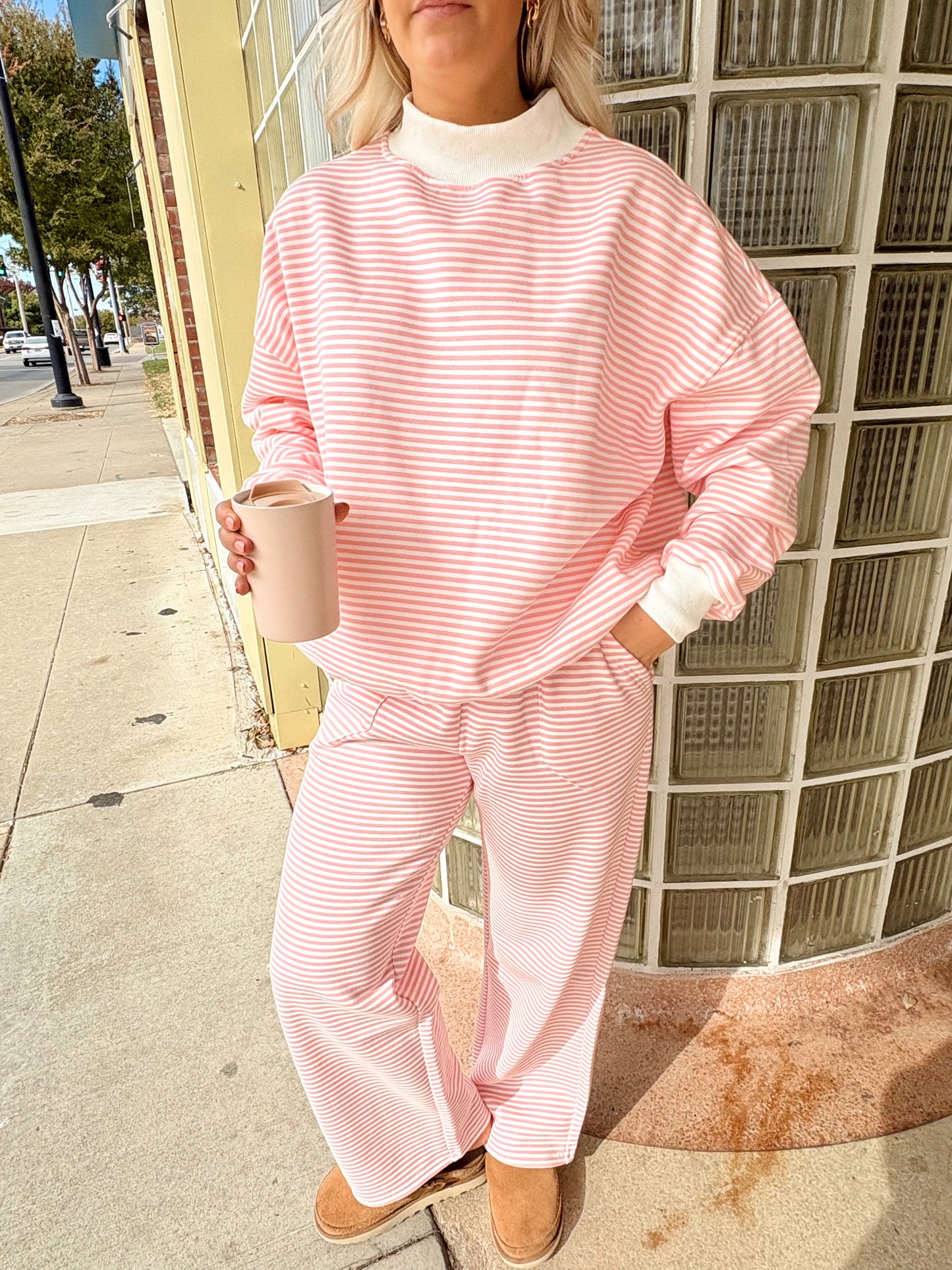 Striped Mockneck Sweatshirt- Pink & White