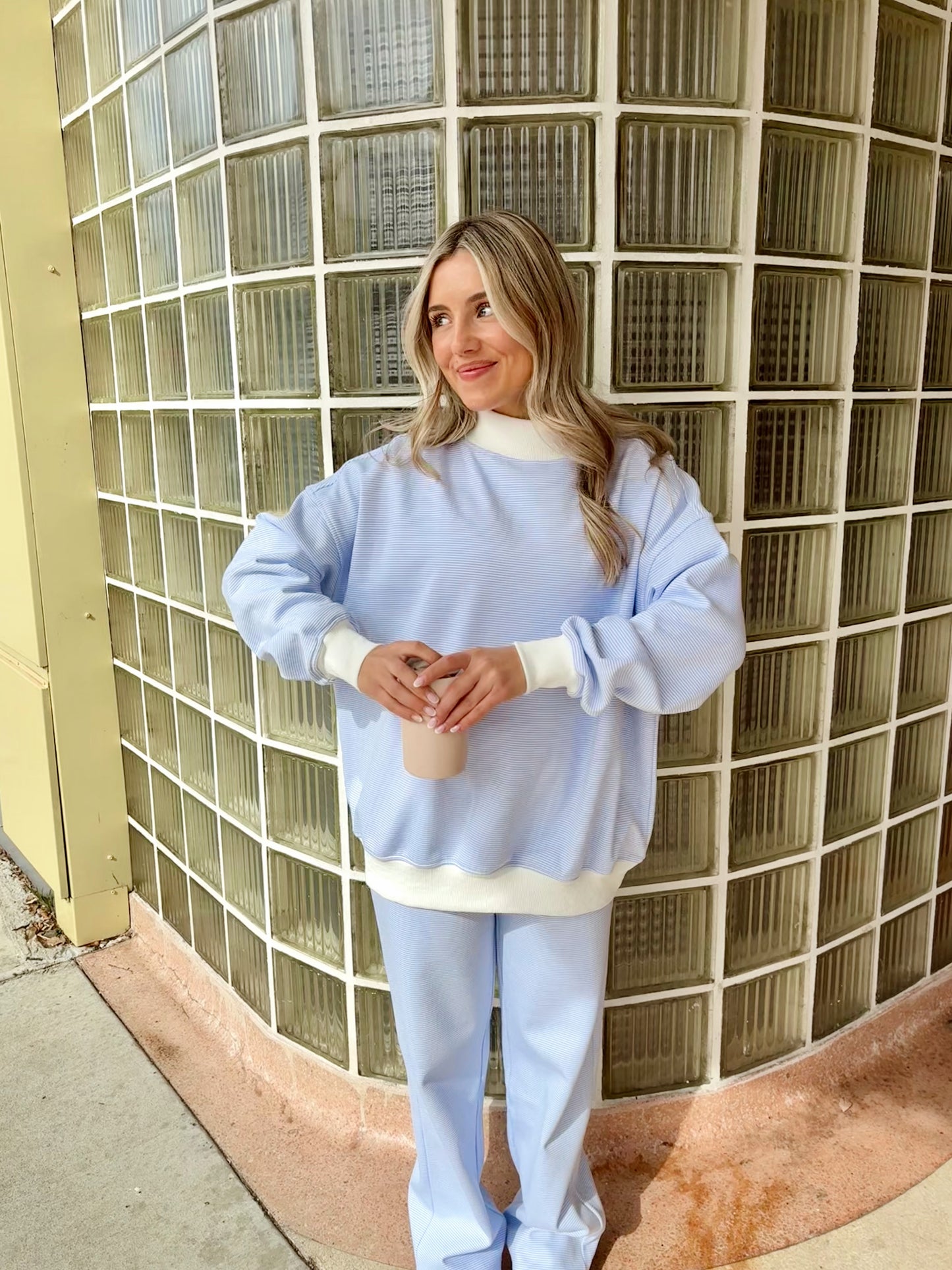 Striped Mockneck Sweatshirt- Blue & White